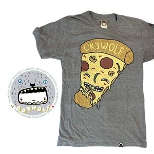 Cry Wolf Hand Printed Pizza Man Eating Pizza Tee - Unisex/Small